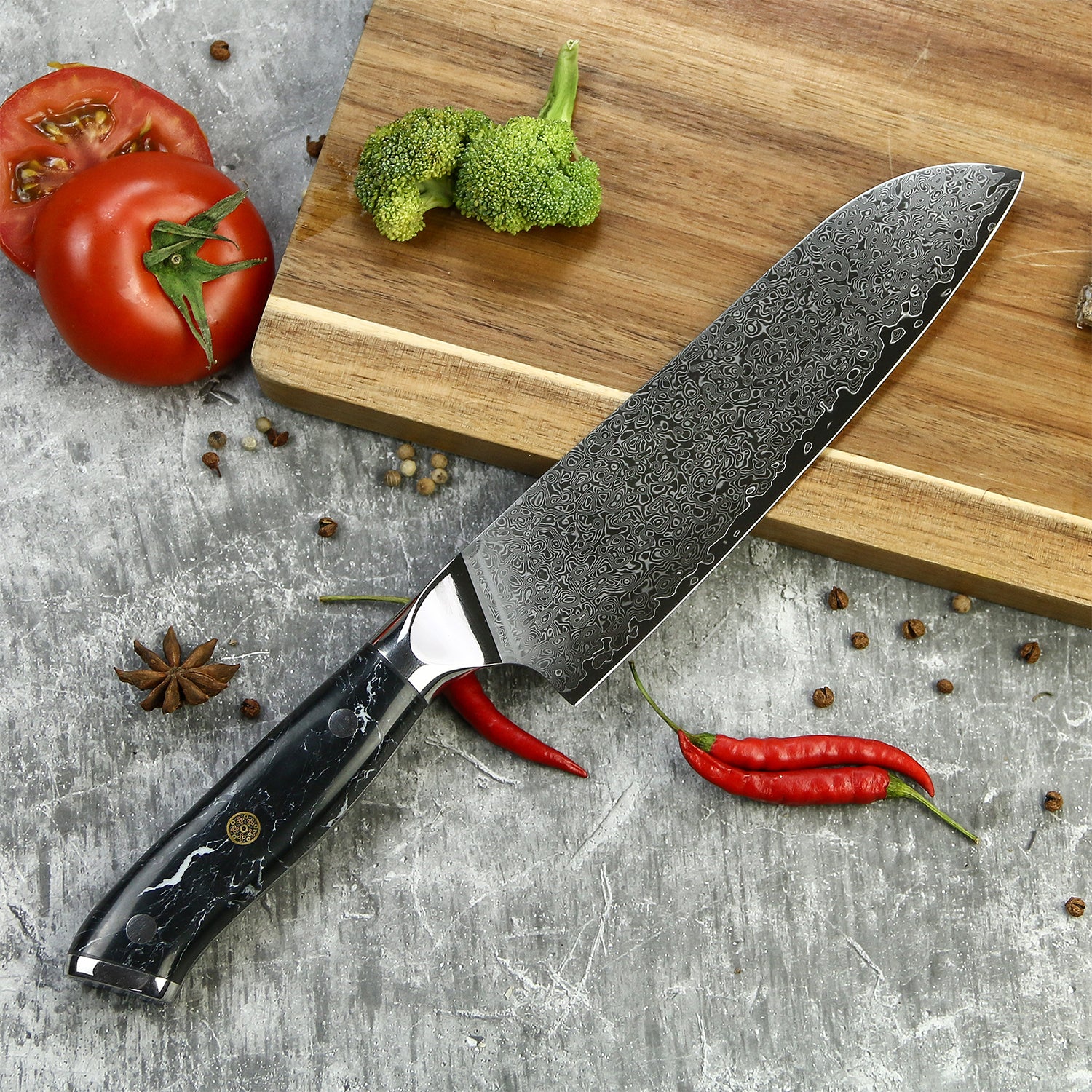 Santoku Messer Black Marble - Damast Küchenmesser Von Tsume