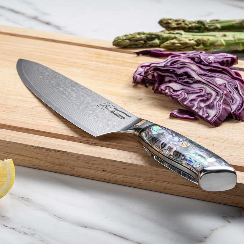 kochmesser chefmesser gyuto abalone auf schneidebrett